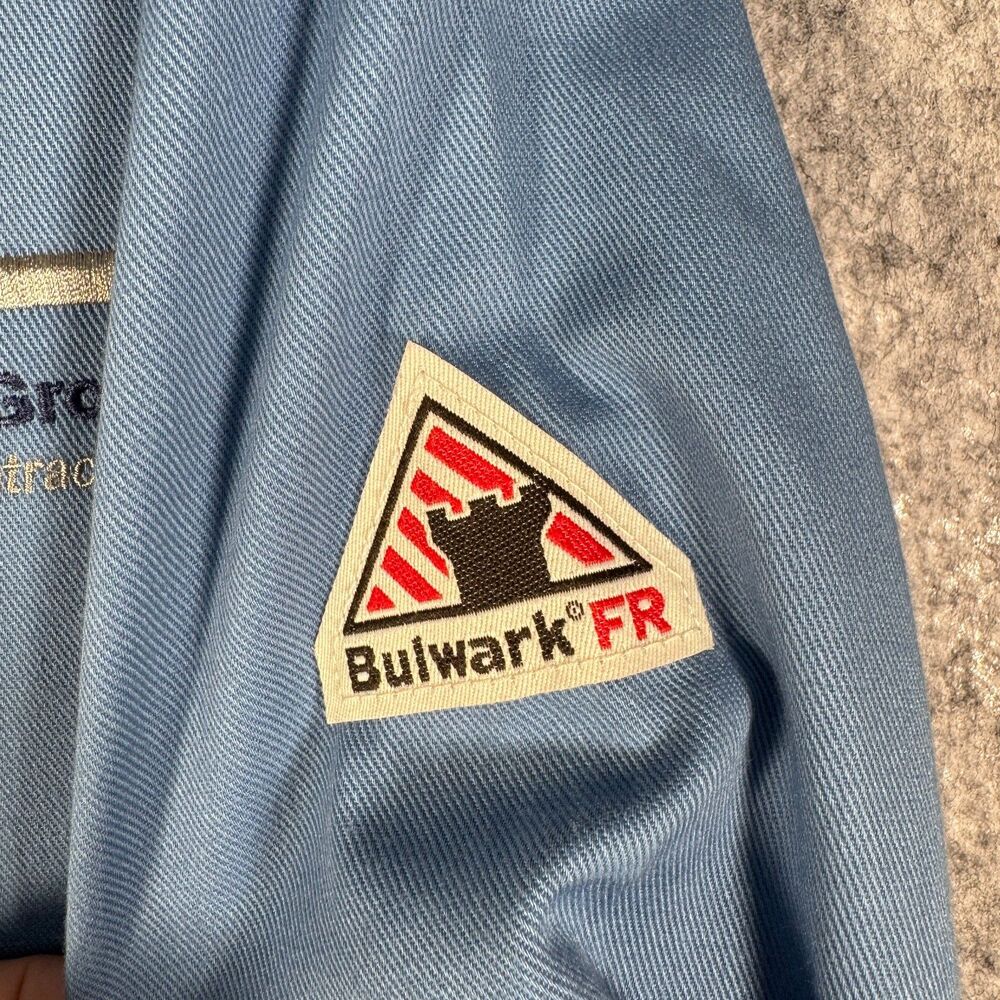 Bulwark FR Shirt Mens Large Blue Snap Button Flame Resistant Company Logo - Picture 6 of 11